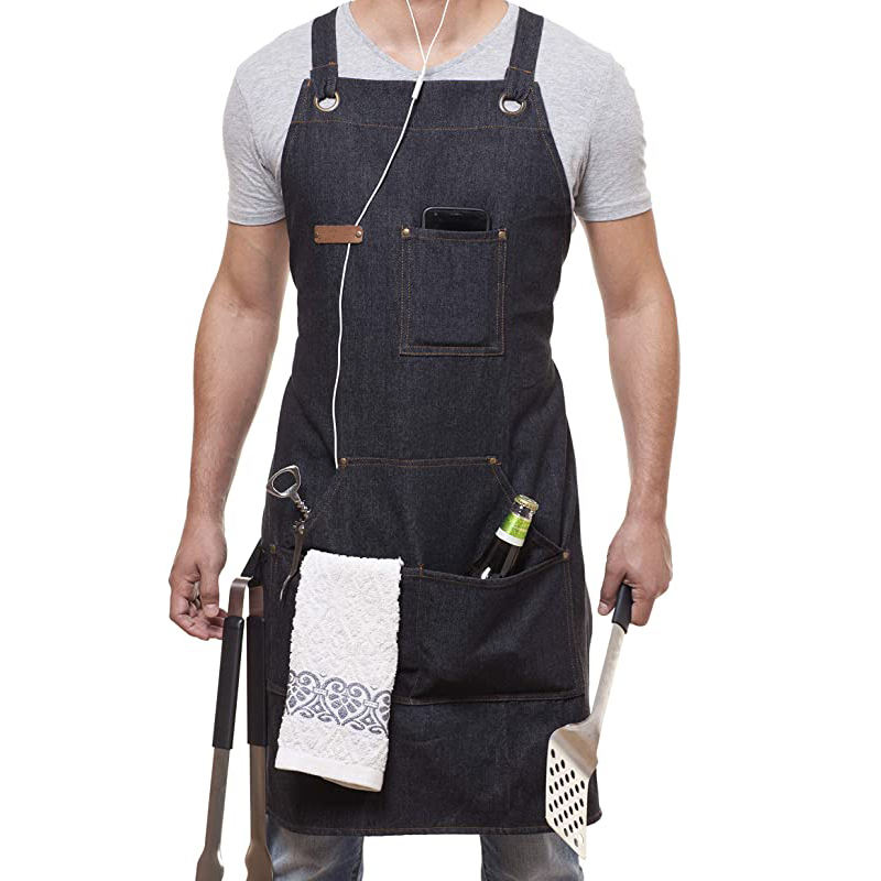 주방 제작 요리를 위한 멀티 포켓이 있는 맞춤형 데님 앞치마