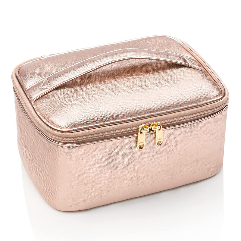 브러쉬 슬롯과 칸막이가 있는 대형 메이크업 방수 휴대용 가죽 화장품 보관 가방