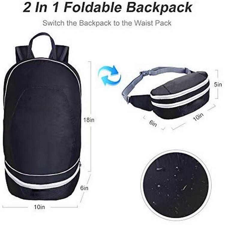 2 in 1 Packable 배낭 허리 팩 하이킹, 여행, 사이클링을 위한 경량 접이식 데이팩 백