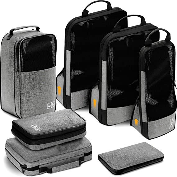 세면 용품 가방이있는 7pcs 세트 여행용 정리 키트 압축 포장 큐브