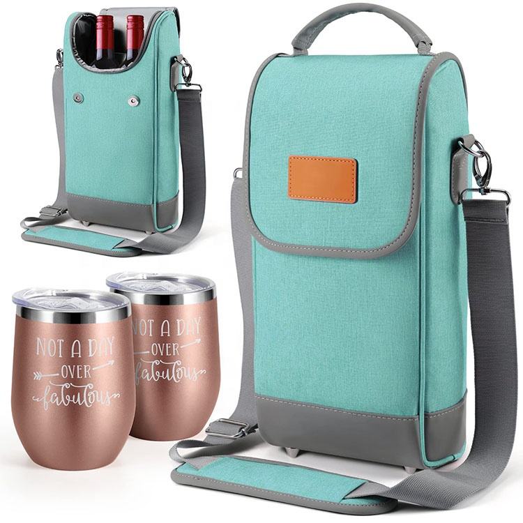 2 병 단열 패브릭 어깨 스트랩 토트 와인 가방 쿨러