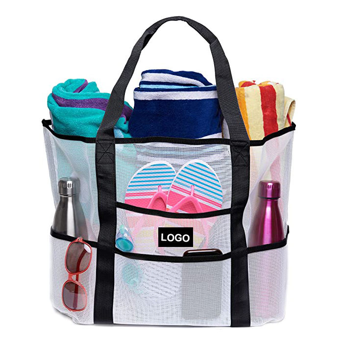 외부 포켓이 있는 가벼운 라지 메시 비치 토트 백 