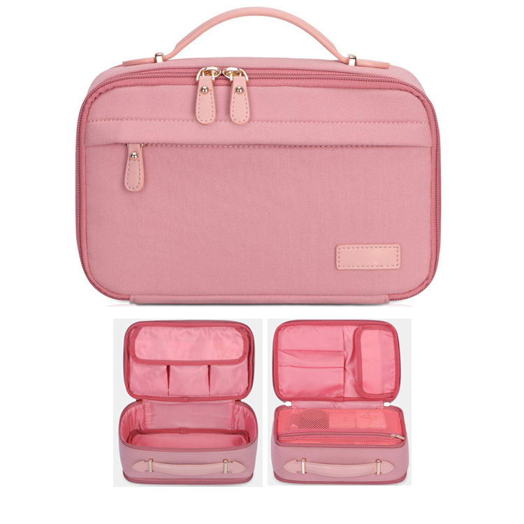 프리미엄 휴대용 더블 레이어 화장품 메이크업  방수핑크 컬러 세면 용품 가방 