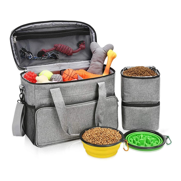 애완 동물 액세서리 주최자 식품 용기 그릇 세트 항공사 승인 주말 개 여행용 보관 토트 백 