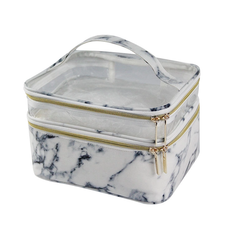 휴대용 방수 대리석 인쇄 분명 PVC 더블 데크 여행 화장품 메이크업 Organizer 가방