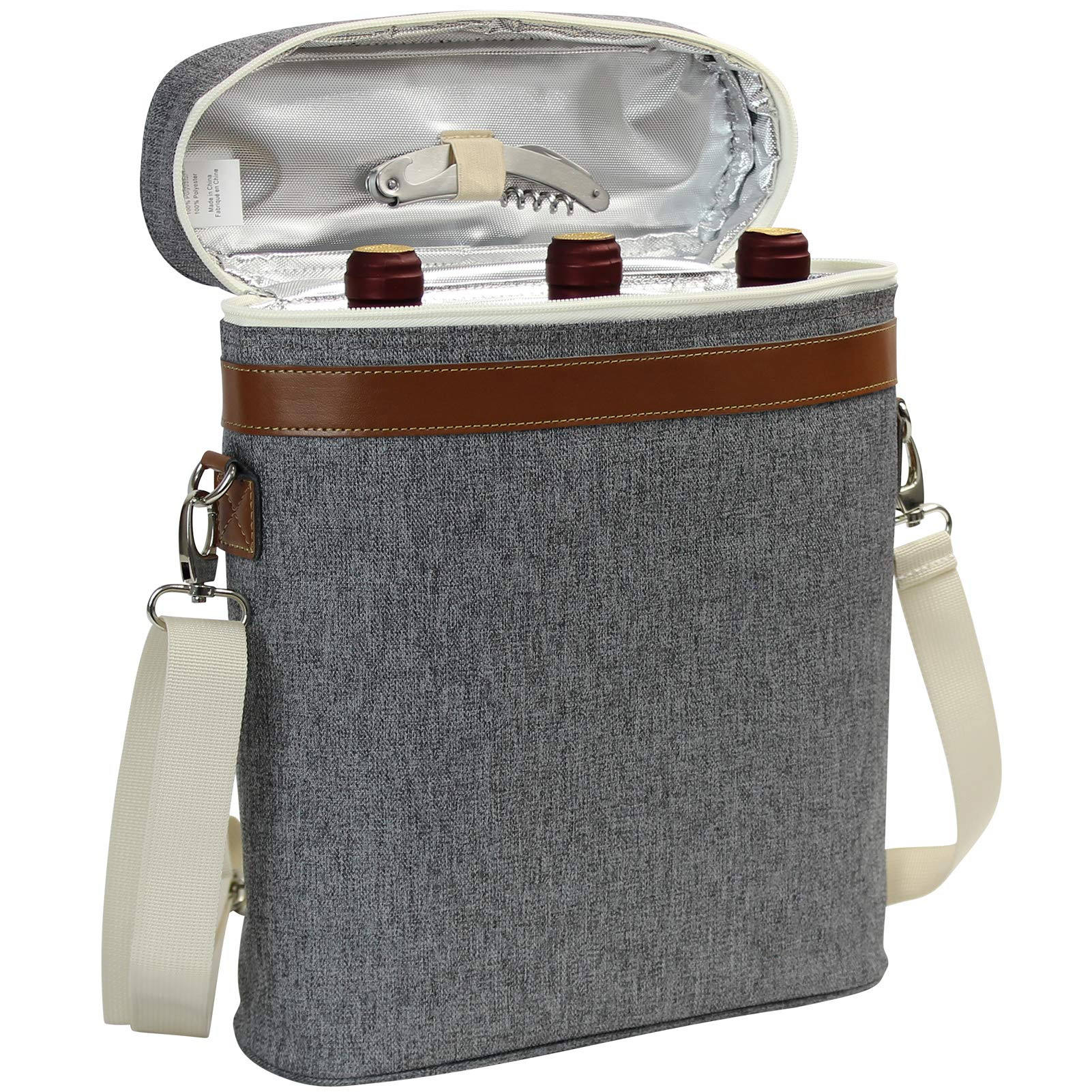 3 병 회색 절연 와인 토트 쿨러 휴대용 와인  피크닉 쿨러 