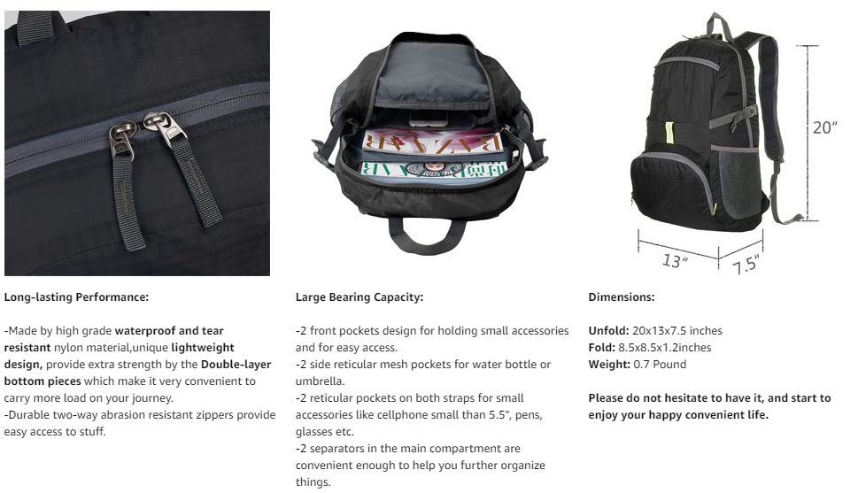 초경량 패커블 백팩, 25L 소형 방수 하이킹 데이팩 접이식 여행용 백팩