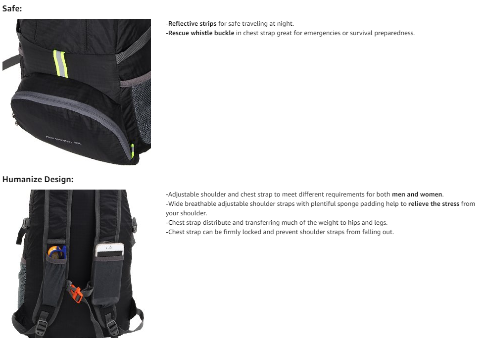 초경량 패커블 백팩, 25L 소형 방수 하이킹 데이팩 접이식 여행용 백팩