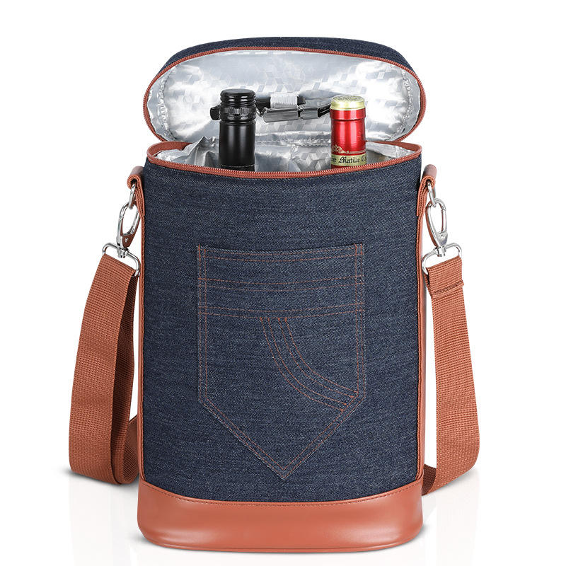 BSCI  2 병 데님 소크리스마스 선물 휴대용 와인 쿨러 가방