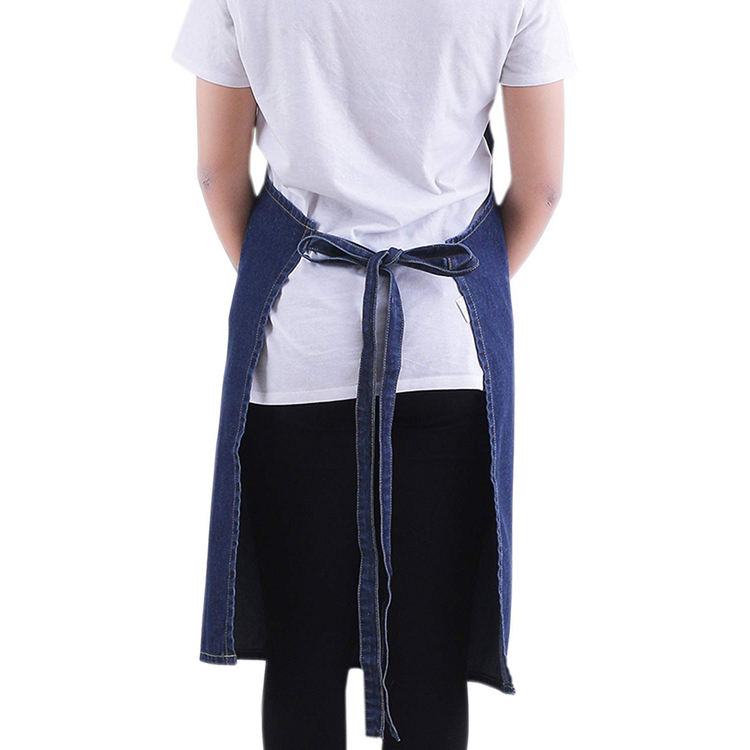 포켓 넥 스트랩 커스텀이 있는 고품질 유니섹스 데님 조절식 주방 턱받이 앞치마