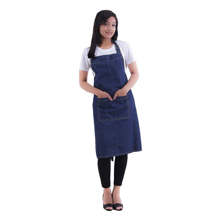 포켓 넥 스트랩 커스텀이 있는 고품질 유니섹스 데님 조절식 주방 턱받이 앞치마