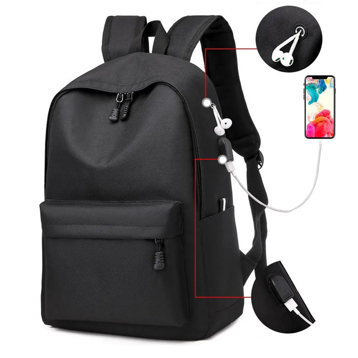 충전 포트가 있는 클래식  방수 노트북 경량 대학 학교 블랙 책가방 캐주얼 