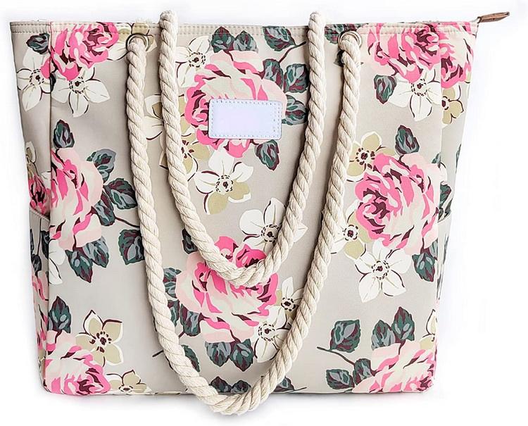 대용량  야외 레저 코튼 캔버스  로프 핸들 비치 토트 백,  인쇄 