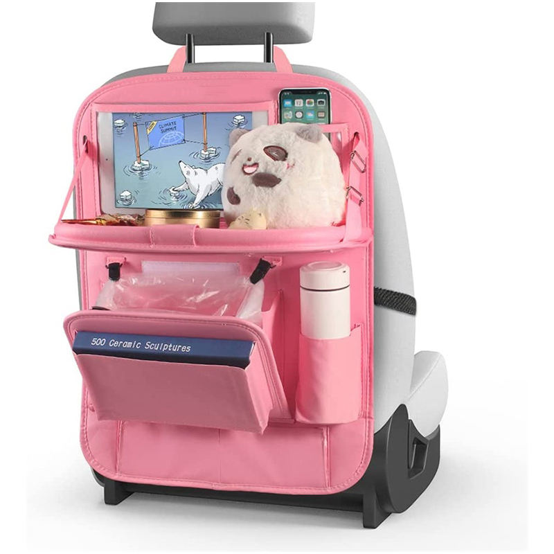 쓰레기통있는 뒷좌석 접이식 테이블 트레이가있는 PU 가죽  터치 스크린 태블릿 홀더