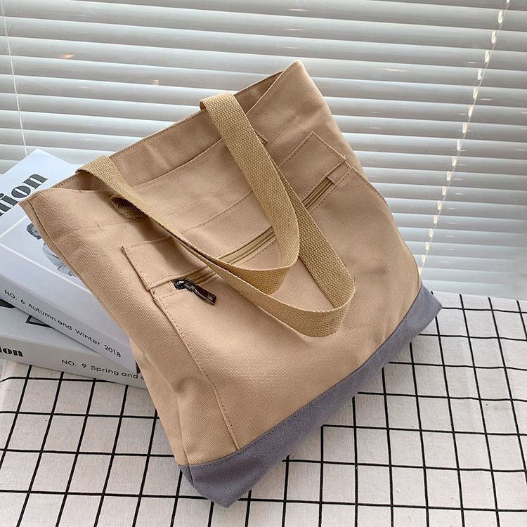 외부 포켓이 있는 스타일리시한 캔버스 토트백 Daily Essentials  커스텀 프린트  코튼 백