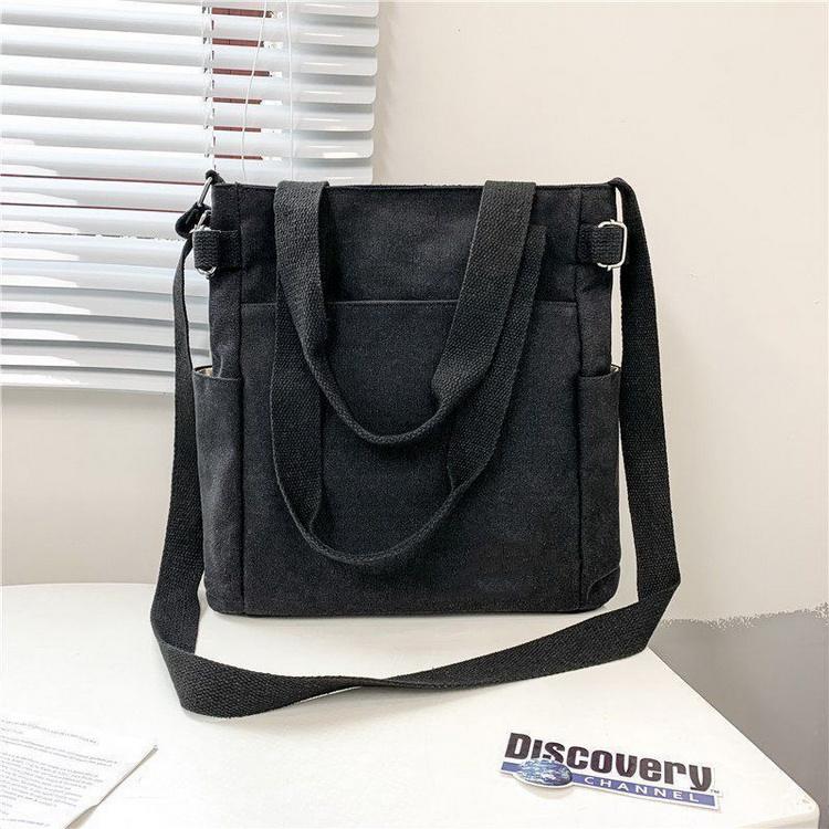 코튼  긴 스트랩 내부에 구획이있는  코튼 토트 백 