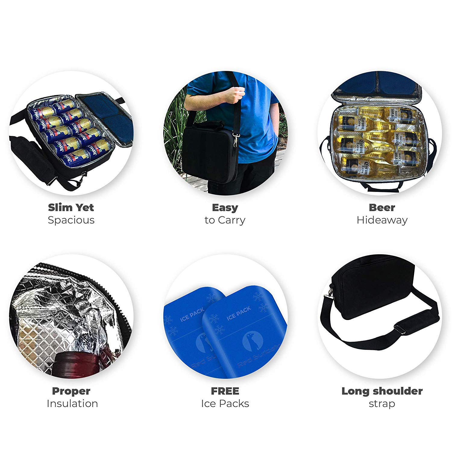 10개의 음료수 캔에 맞는 절연 슬림형 쿨러 얇고 평평한 쿨러 런치 백 - 2개의 무료 슬림형 재사용 가능한 아이스팩