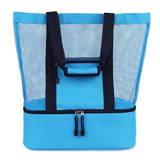 분리형 절연 쿨러와 상단 지퍼가 있는 1개의 스트라이프 메쉬 비치 토트 백