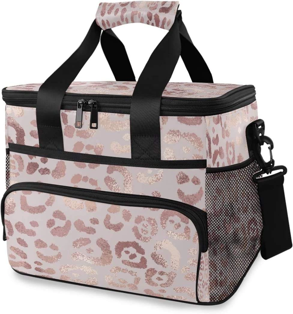 대용량 조절식 숄더 스트랩 우아한 로즈 골드 레오파드 프린트 절연 런치 토트 백 