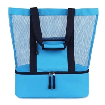 분리형 절연 쿨러와 상단 지퍼가 있는 1개의 스트라이프 메쉬 비치 토트 백